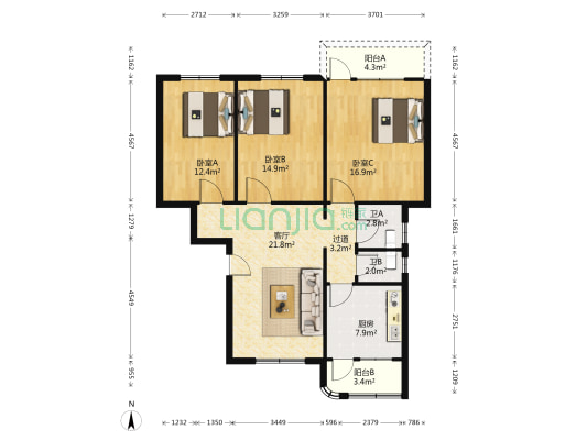 市安宿舍 3室1厅2卫 105平方