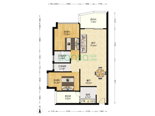 永怡聚豪园 2室2厅2卫 91平方