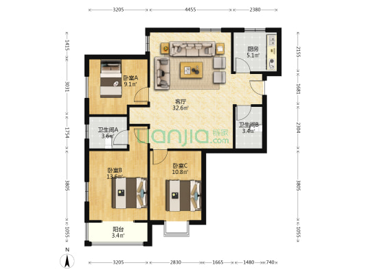 满五唯一 中间楼层 三居采光全天-户型图