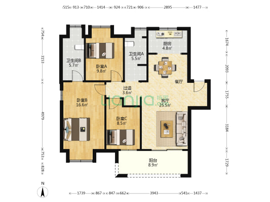 银禾广场 3室1厅2卫 118平方