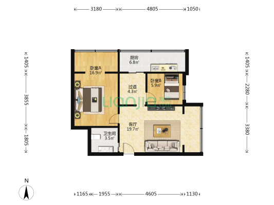 两室一厅 户型方正 楼层低 生活便利-户型图