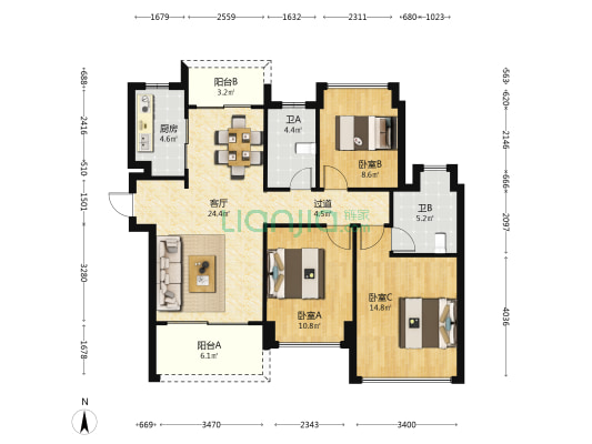 世荣峰景广场 3室1厅2卫 107平方