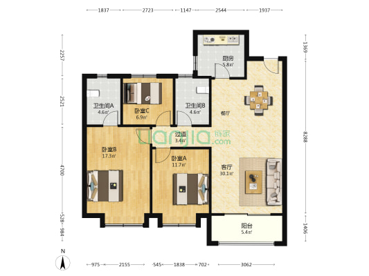 曲江九里东区 3室1厅2卫 118平方