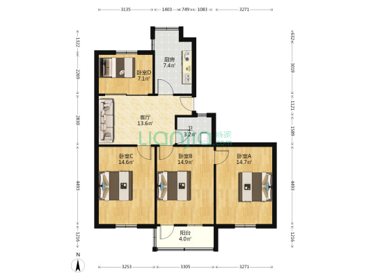 十间廊屋散盘 4室1厅1卫 92平方