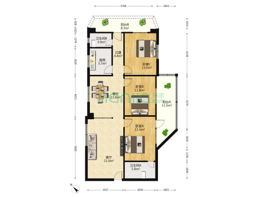 农行小区 3室2厅2卫 95平方