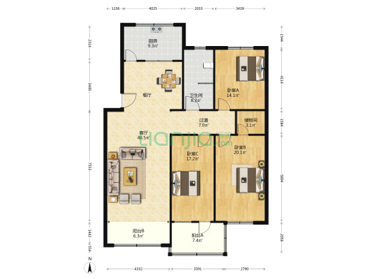 黄河家苑 3室1厅1卫 154平方
