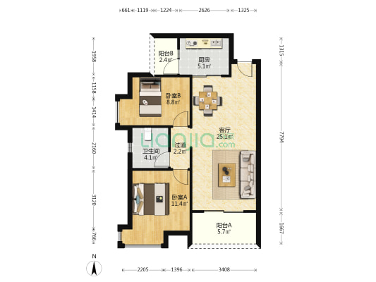 江南家园 2室1厅1卫 77平方