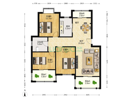名仕紫金花园 3室1厅1卫 95平方