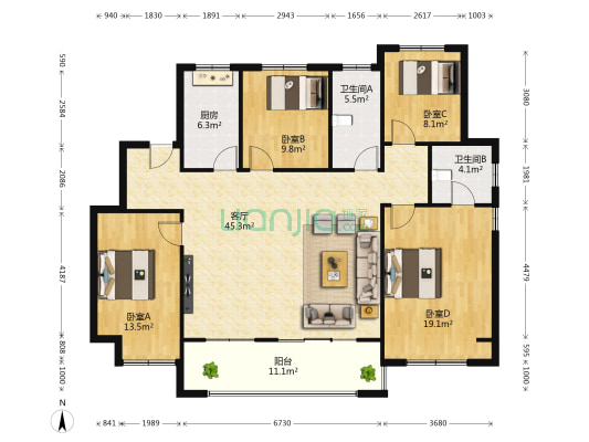 锦艺悦城1号地 4室1厅2卫 140平方