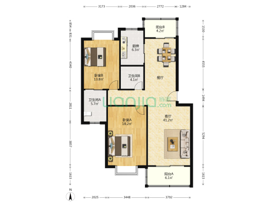 城西花苑 2室1厅2卫 119平方