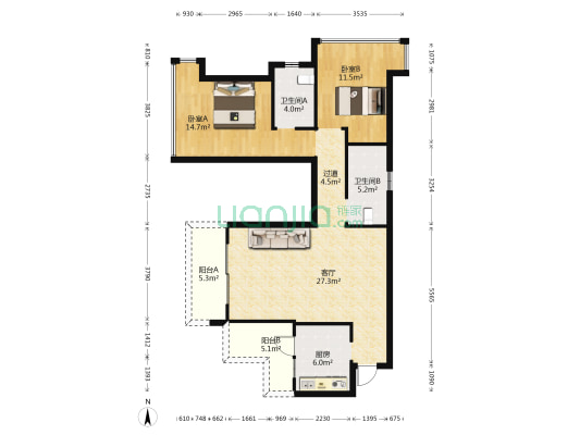 恒大都会广场 2室1厅2卫 98平方