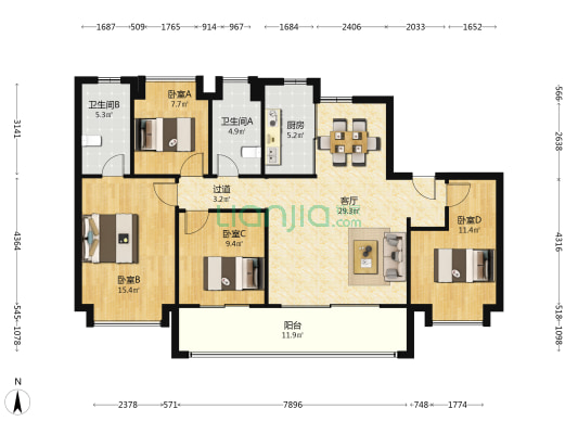 江心印 4室1厅2卫 143平方