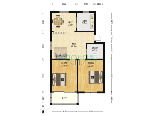 新闸路 2室2厅1卫 90平方