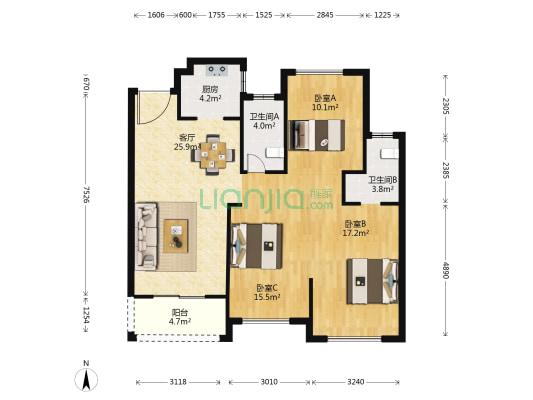 大发融悦东方 3室1厅2卫 97平方