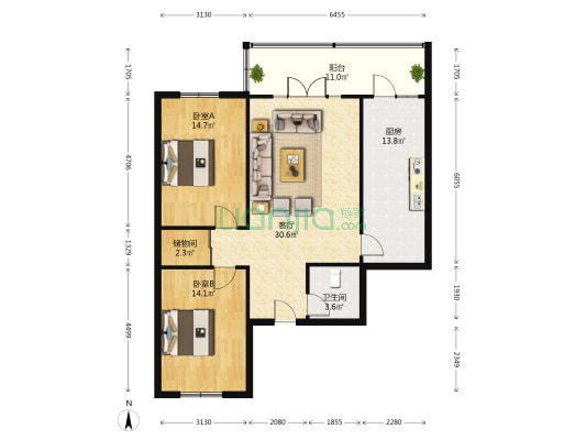馨悦家园 2室1厅1卫 113平方
