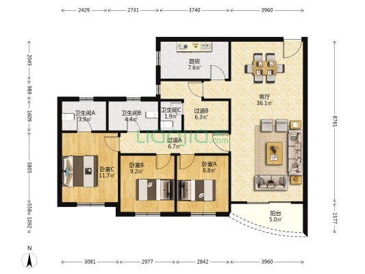 兴联大厦 3室1厅3卫 146平方