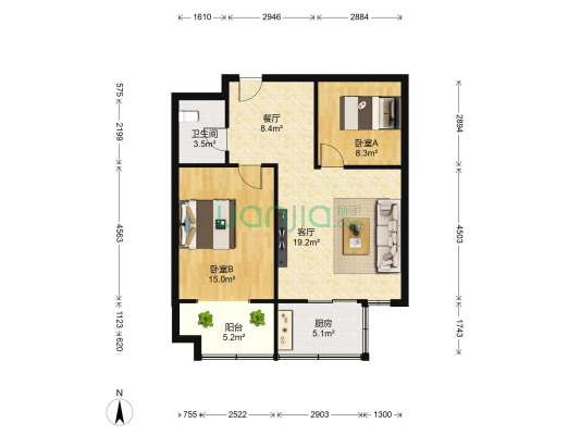 百盛·朗庭 2室2厅1卫 88平方