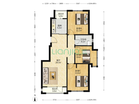理想新城A区 3室1厅1卫 98平方