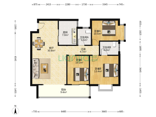 星沙教师公寓 3室1厅2卫 124平方