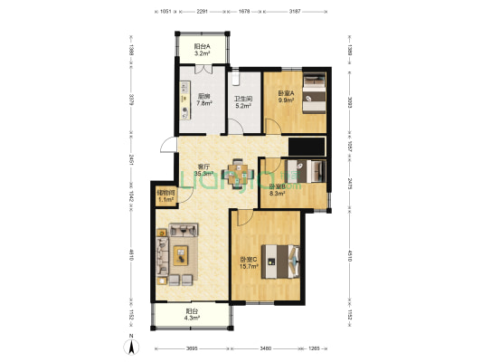 水榭华庭 3室1厅1卫 107平方
