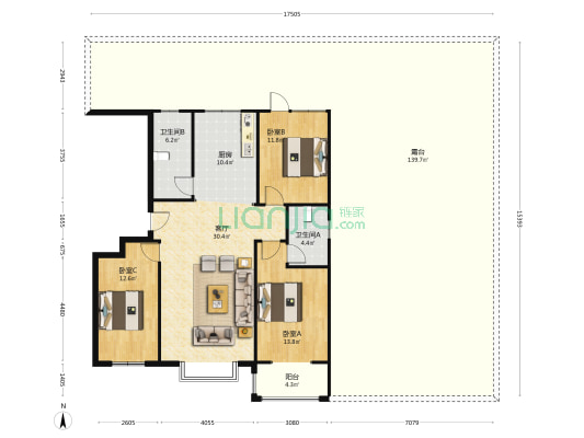 此房南北通透，三室两卫，三阳户型，大露台140平-户型图