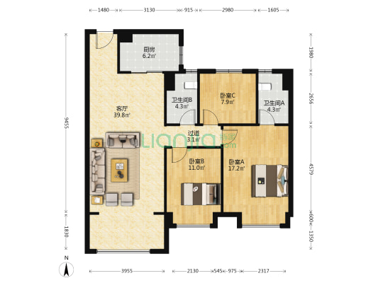 碧桂园玖玺臺 3室1厅2卫 128平方