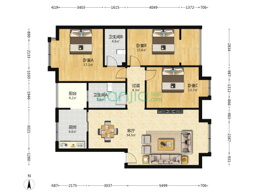 洛河小区C区 3室1厅2卫 120平方