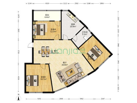 水利科研大楼 3室2厅1卫 129平方