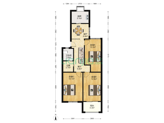 竹苑小区 3室2厅1卫 90平方