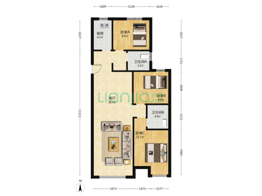 华彩唐人街二期 3室1厅2卫 118平方