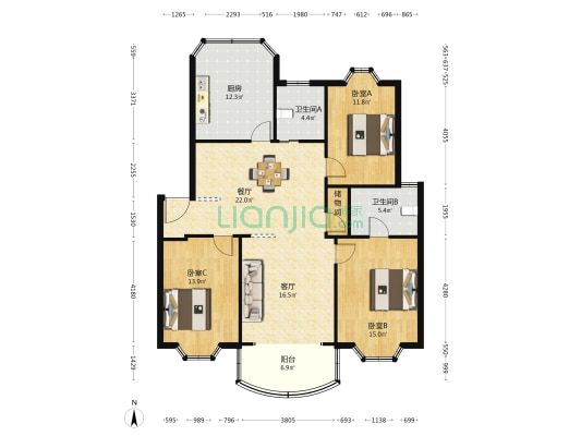 明都苑 3室2厅2卫 129平方