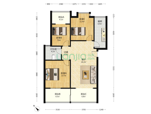 栖凤居 3室1厅1卫 85平方