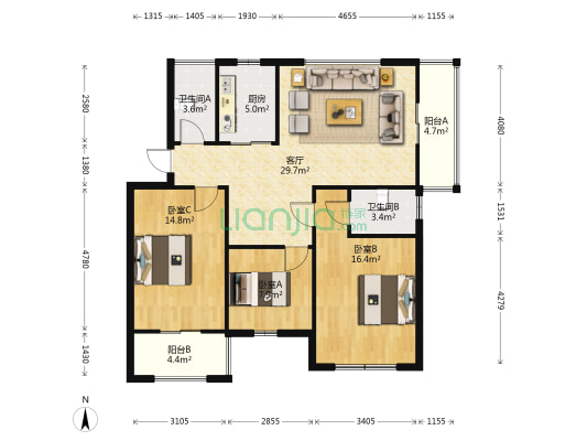 城北丽都 3室1厅2卫 85平方