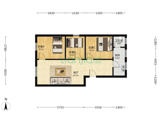 育才路 3室1厅1卫 67平方