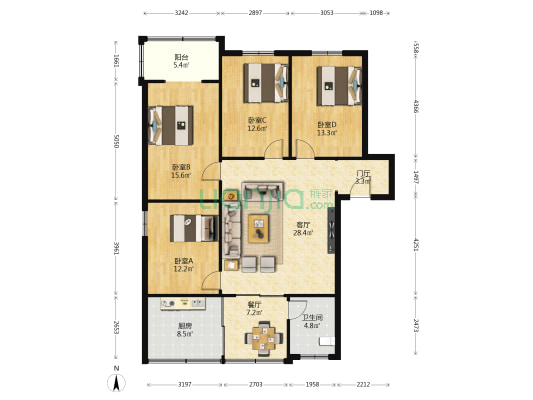 五桥人事劳动局宿舍 4室2厅1卫 127平方
