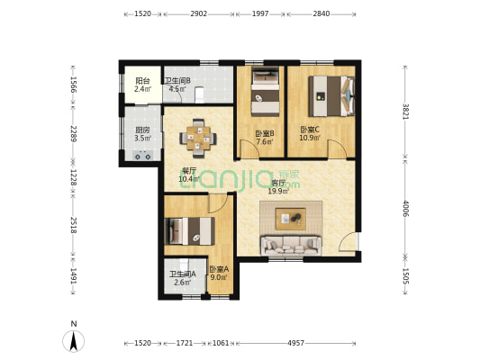 青年干部学院 3室2厅2卫 79平方