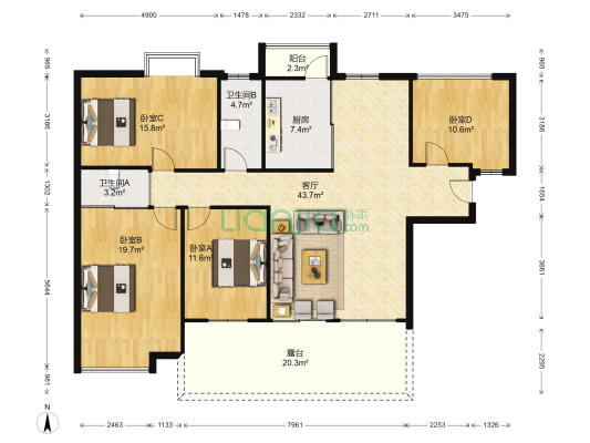 中区华府二期 4室1厅2卫 160平方