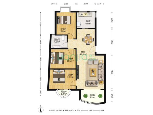 桃源丰景小区 3室1厅1卫 93平方