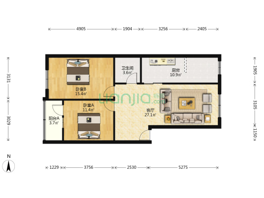 范阳路清凉寺区，九州小区，东西通透二居室。-户型图