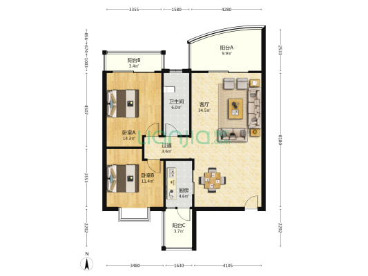 广昌花苑 2室1厅1卫 107平方