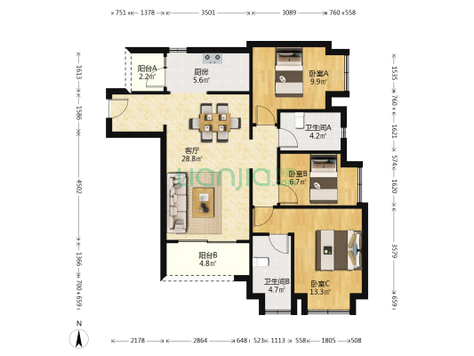 富力院士廷3A组团 3室1厅2卫 99平方