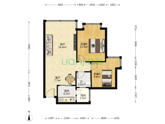 华香苑 2室2厅1卫 80平方