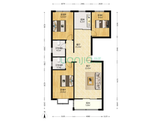 户型通透， 一梯两户， 交通便利-户型图