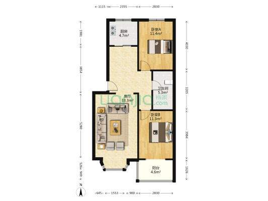 宏远二号院 2室2厅 南 北-户型图