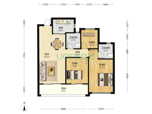 天瑄城 3室1厅2卫 96平方