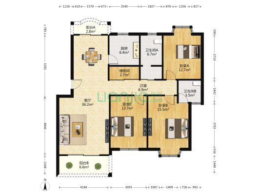 红谷世纪花园B区 3室1厅2卫 132平方