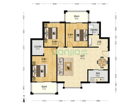 名京九合院 3室1厅2卫 125平方