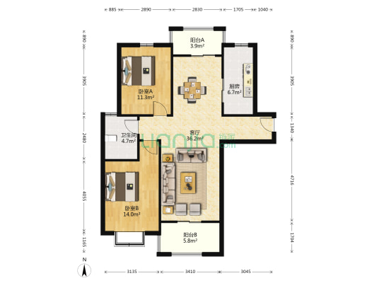 新港雅苑B区 2室1厅1卫 110平方
