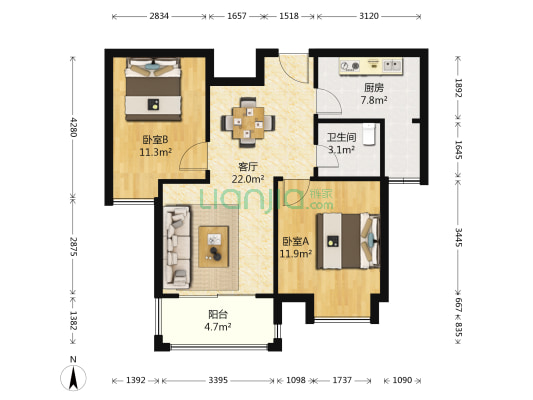 鸿基新城祥园 2室1厅1卫 84平方