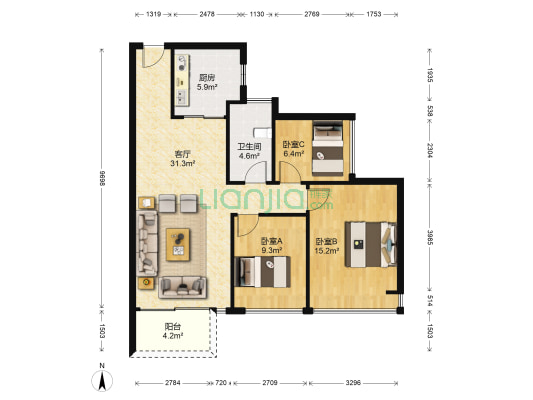 信义嘉御山 3室1厅1卫 89平方